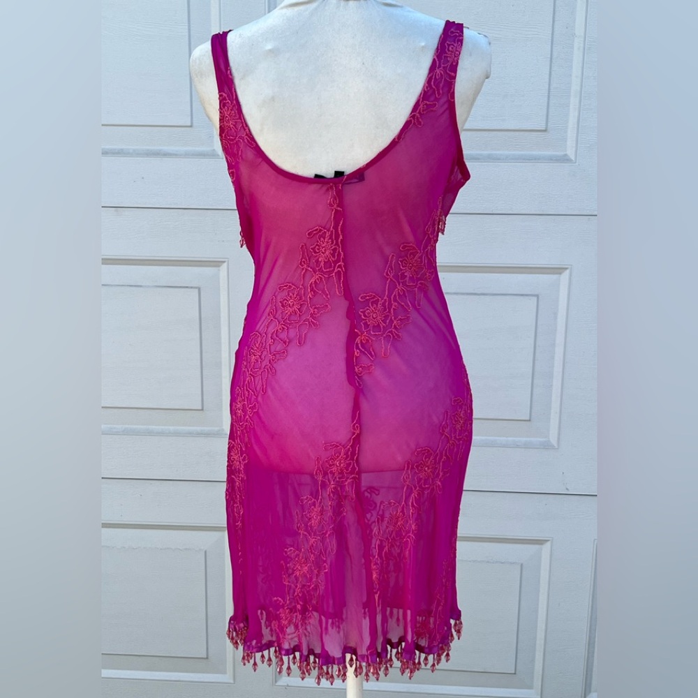 Women's Betsey Johnson pink sheer embroidered beaded hem pull on dress M - Picture 3 of 6